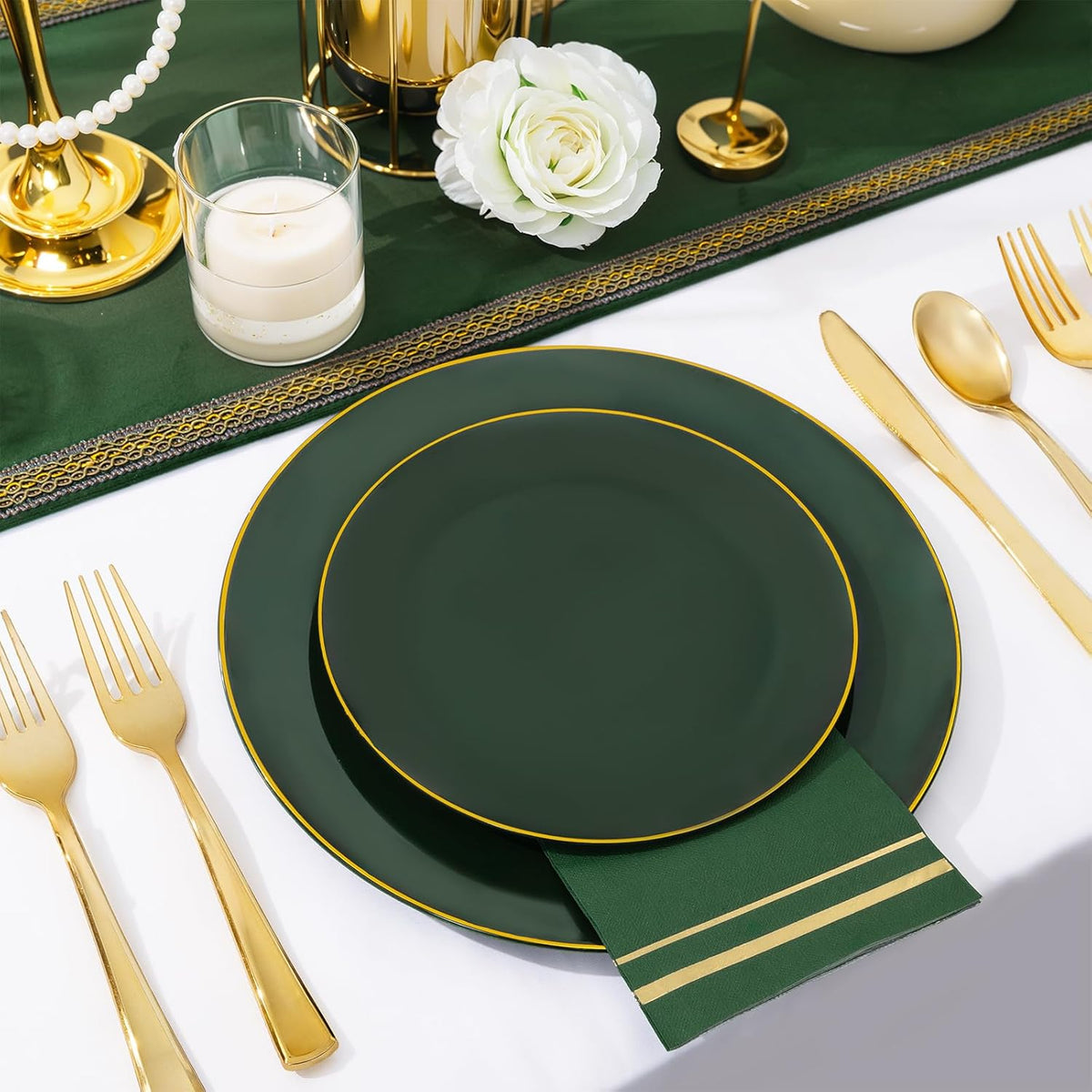 NOCCUR 350PCS Green Plastic Plates - Disposable Green Gold Dinnerware Set for 50 Guests, 100