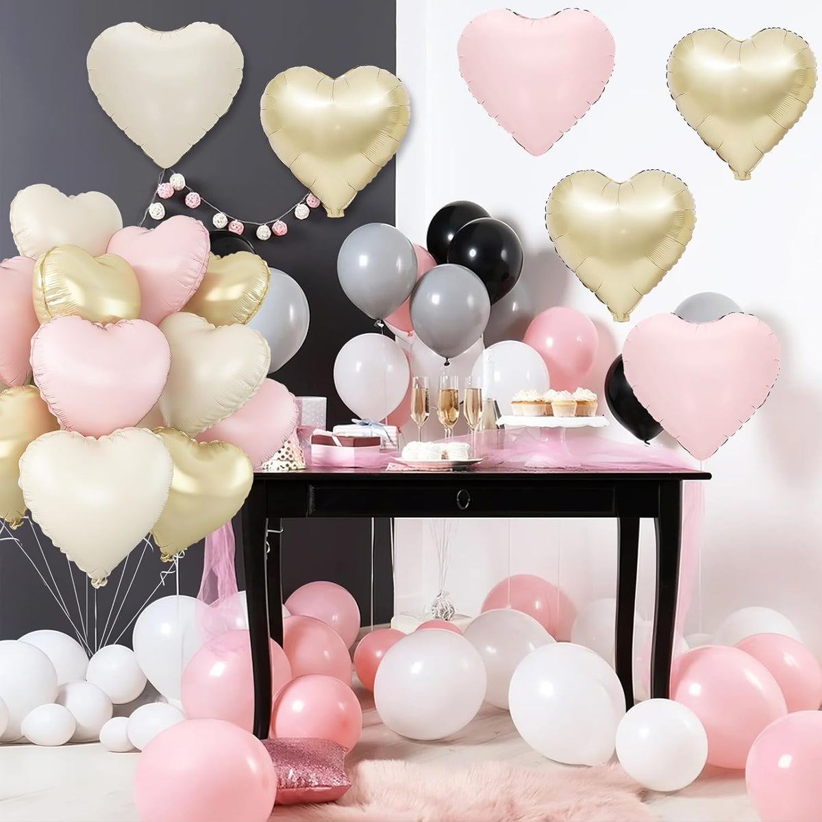 Pink White Gold Heart Balloons,12Pcs 18Inch Cream White Baby Pink Champagne Gold Heart Shaped Foil