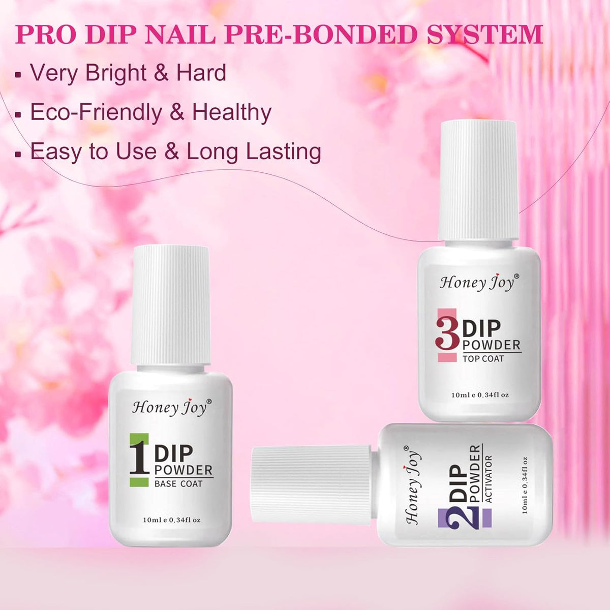 Honey Joy Dip Powder Nail Kit Starter, 4 Colors Hot Pink Glitter Fine Dipping Powder Liquid Set