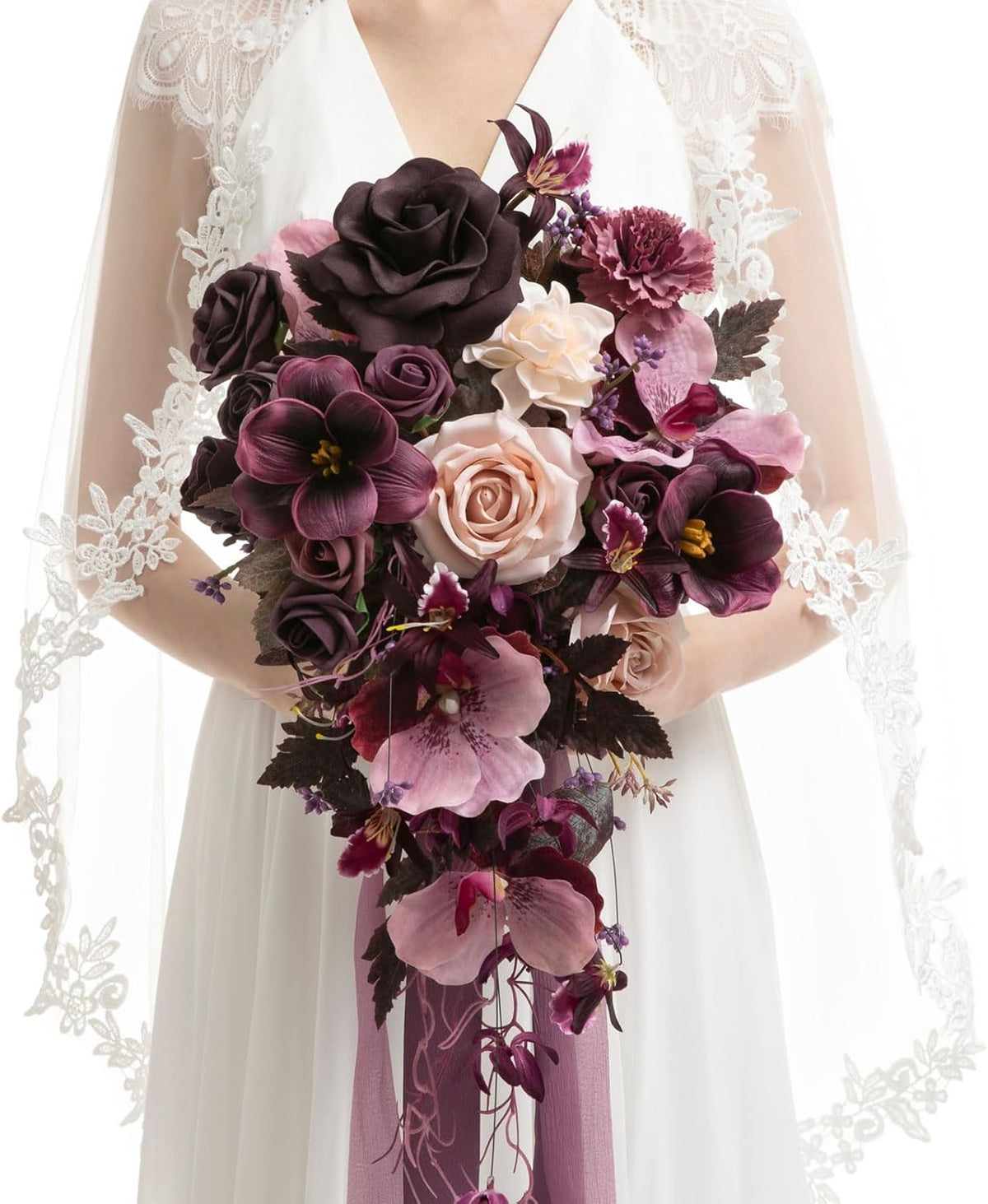 Ling's moment Purple Bridal Bouquet Cascading, Plum Wedding Bouquets for Bride, 13 Inch Bride