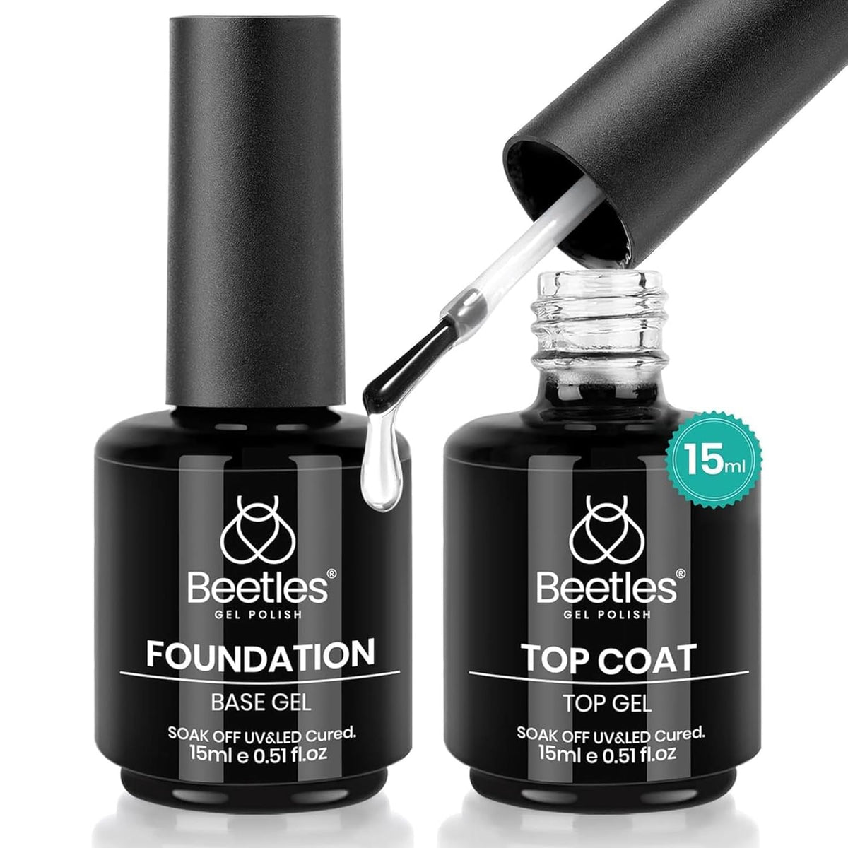 Beetles 2 Pcs 15ml No Wipe Gel Top Coat and Base Coat Set - Shine Finish and Long Lasting, Soak Off