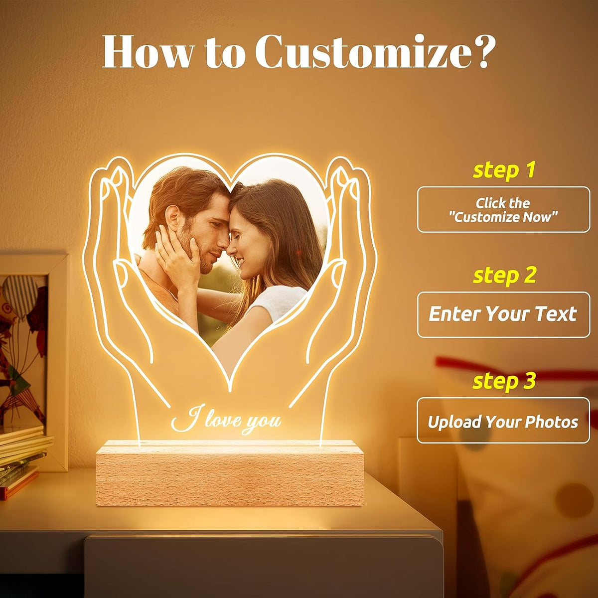 Personalized Picture Frame with Photo, Customized Photo Frame with Night Light, Custom Picture