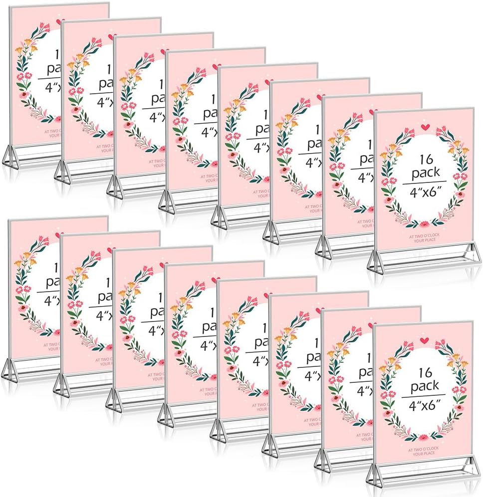 16 Pack 4x6 Clear Acrylic Sign Holders with Silver Borders and Vertical Stand, Double Sided Display