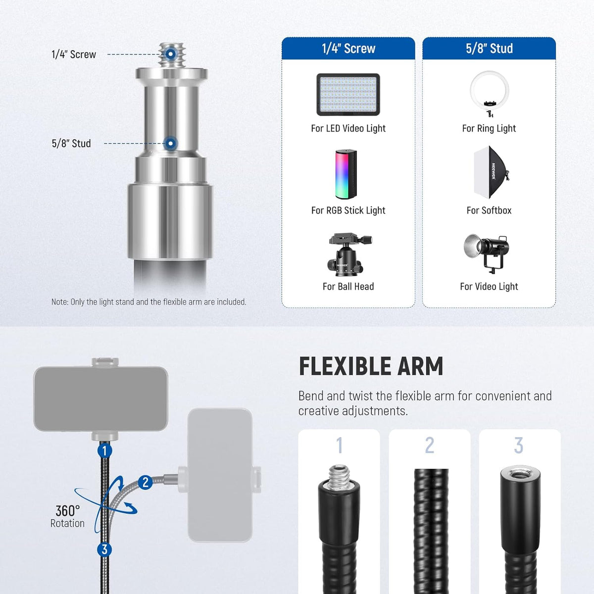NEEWER Microphone Stand with Flexible Arm, Boom Arm Mic Floor Tripod Mount Holder with Mic Clips