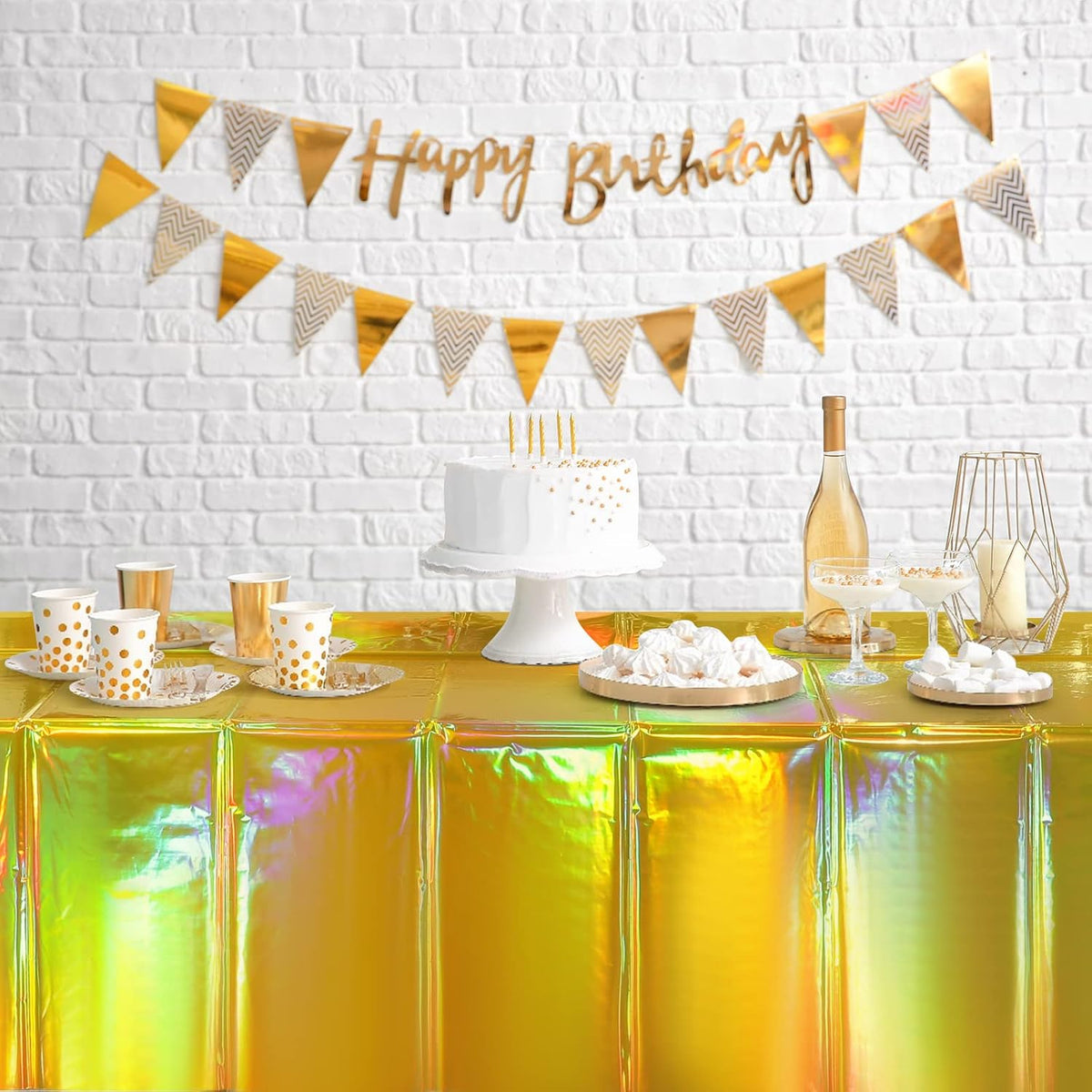 8 Pack Gold Iridescent Plastic Tablecloths Shiny Disposable Laser Rectangle Table Covers