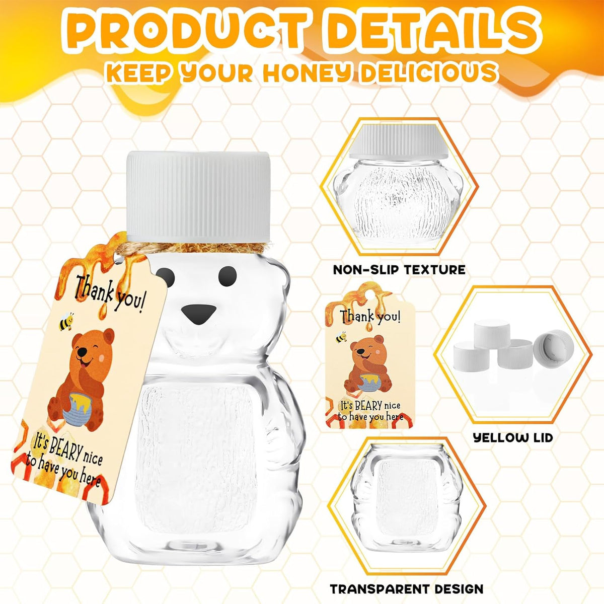 96 Sets 2 oz Plastic Honey Bear Bottle Bear Shape Clear Empty Honey Jar 96 Tags 2 Rolls Jute Rope