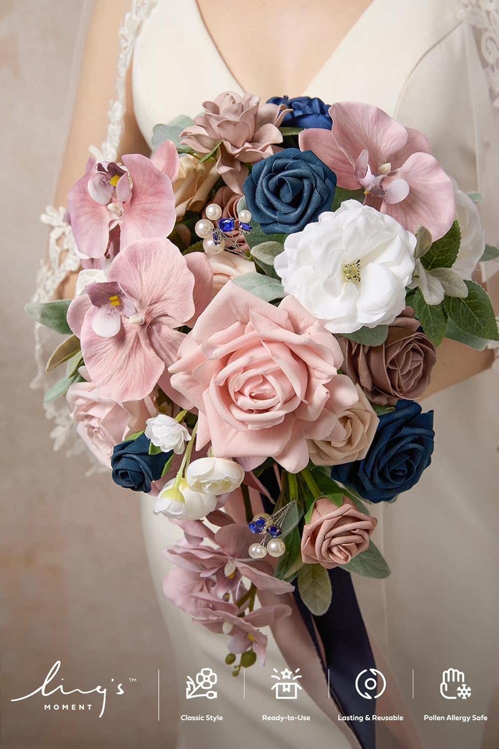 Ling's moment Pink Blue Bridal Bouquet Cascading, Dusty Rose Navy Wedding Bouquets for Bride, 13