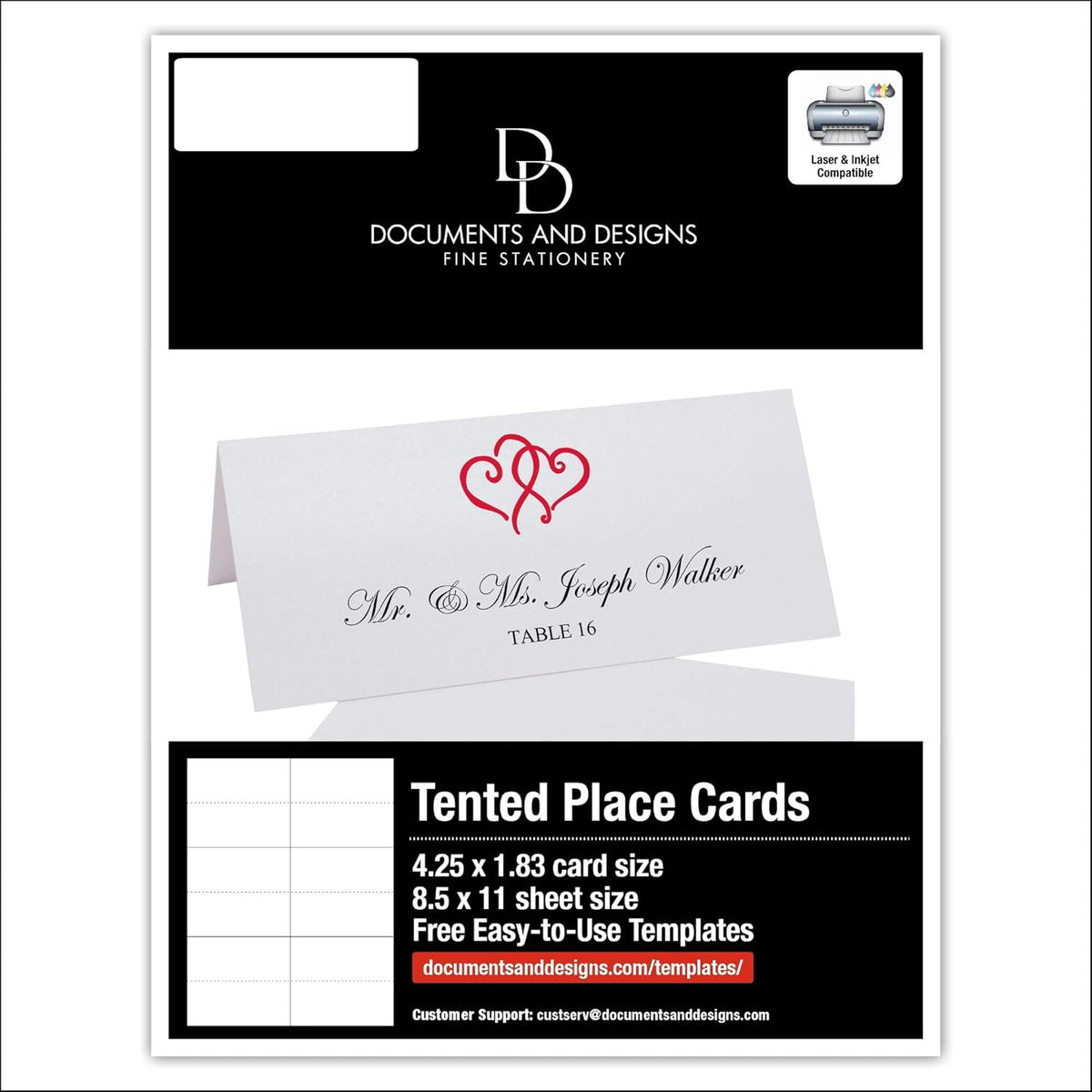 Linked Hearts Printable Place Cards, Ruby Red (Choose Color), Set of 150 (25 Sheets), Laser &