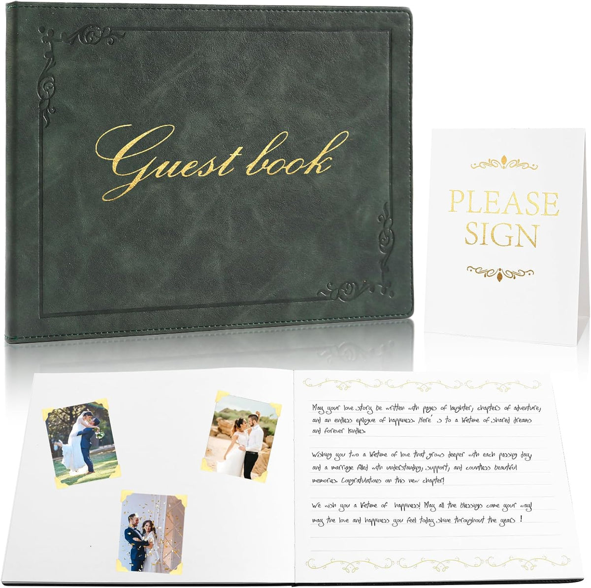 8x10 Leather Guest Book and Standup Sign Set, Gold Foiled Cover Registry Book for Wedding