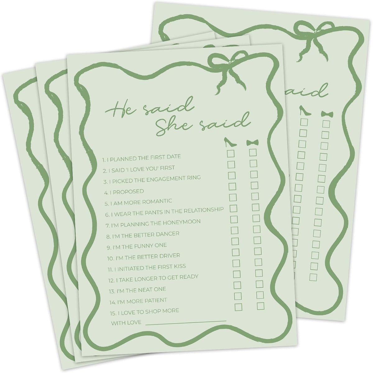 DEEKA 30 PCS Bridal Shower Games Card for 30 Guests Sage Green Wavy Border Ribbon Bow Funny Wedding