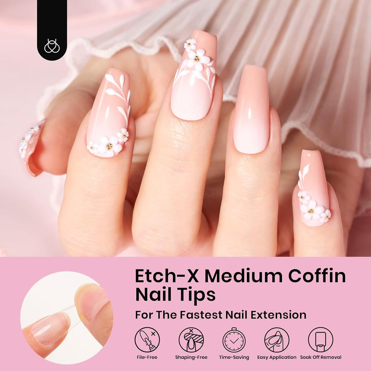 Beetles Gel Nail Tips Medium Coffin 576PCS Etch X Nail Tips, 12 Sizes Pre Shaped Half Matte Press