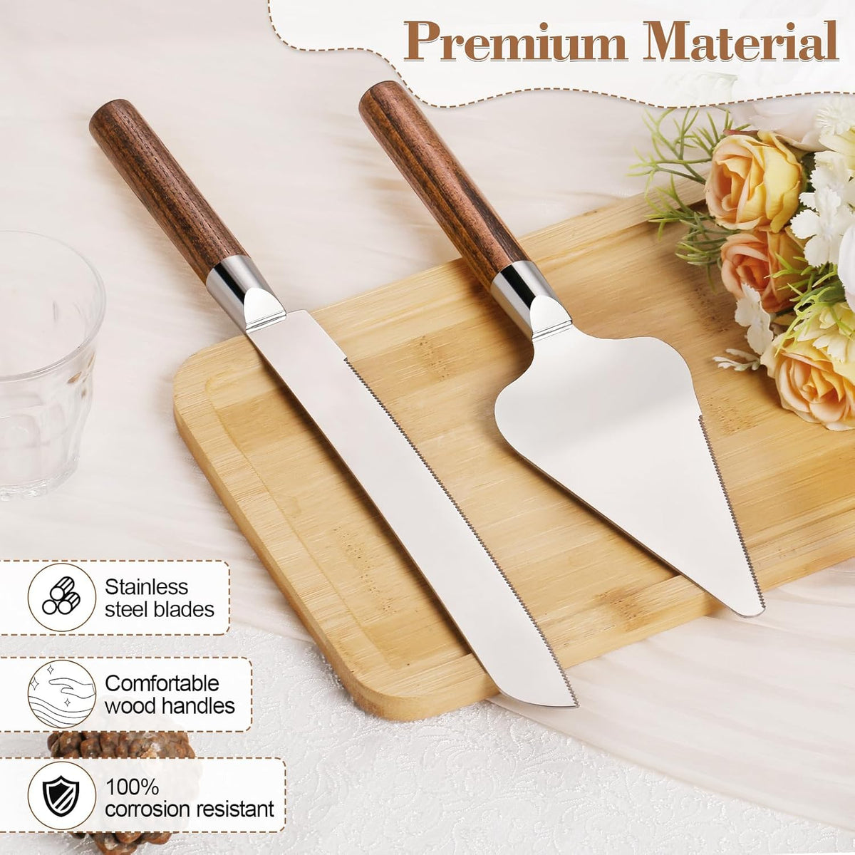 Cake Cutting Set for Wedding, Wood Cake Knife and Server Set, Vintage Pie Cake Cutter, Silver Pizza