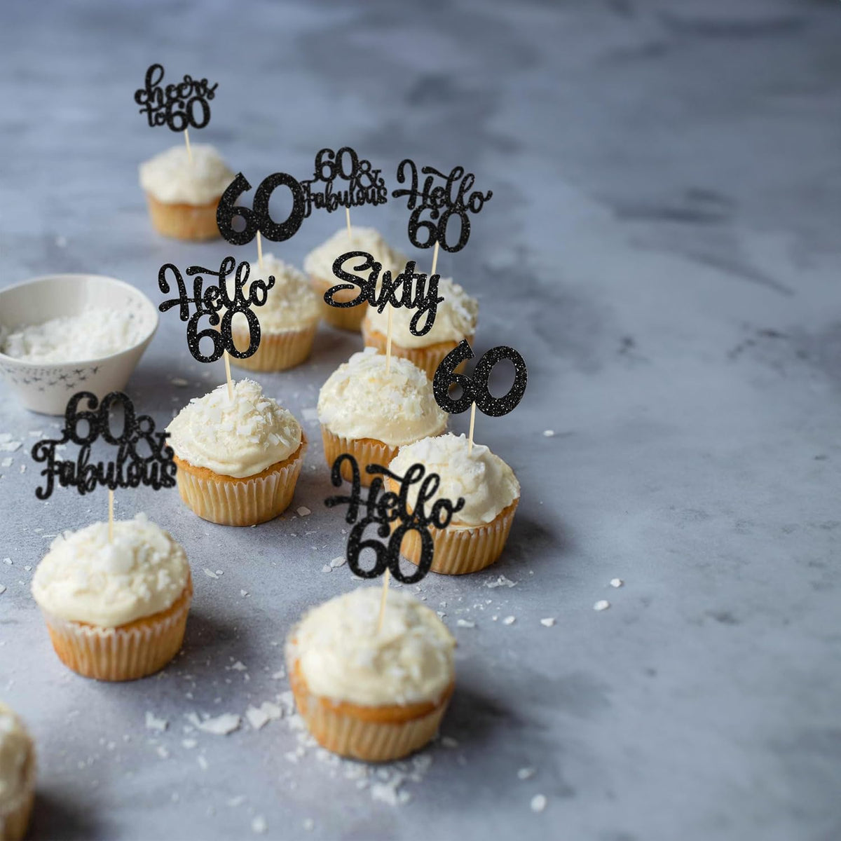 30Pcs Happy 60th Birthday Cupcake Toppers Black Glitter Sixty Cake Toppers Cheers to 60 Years Old