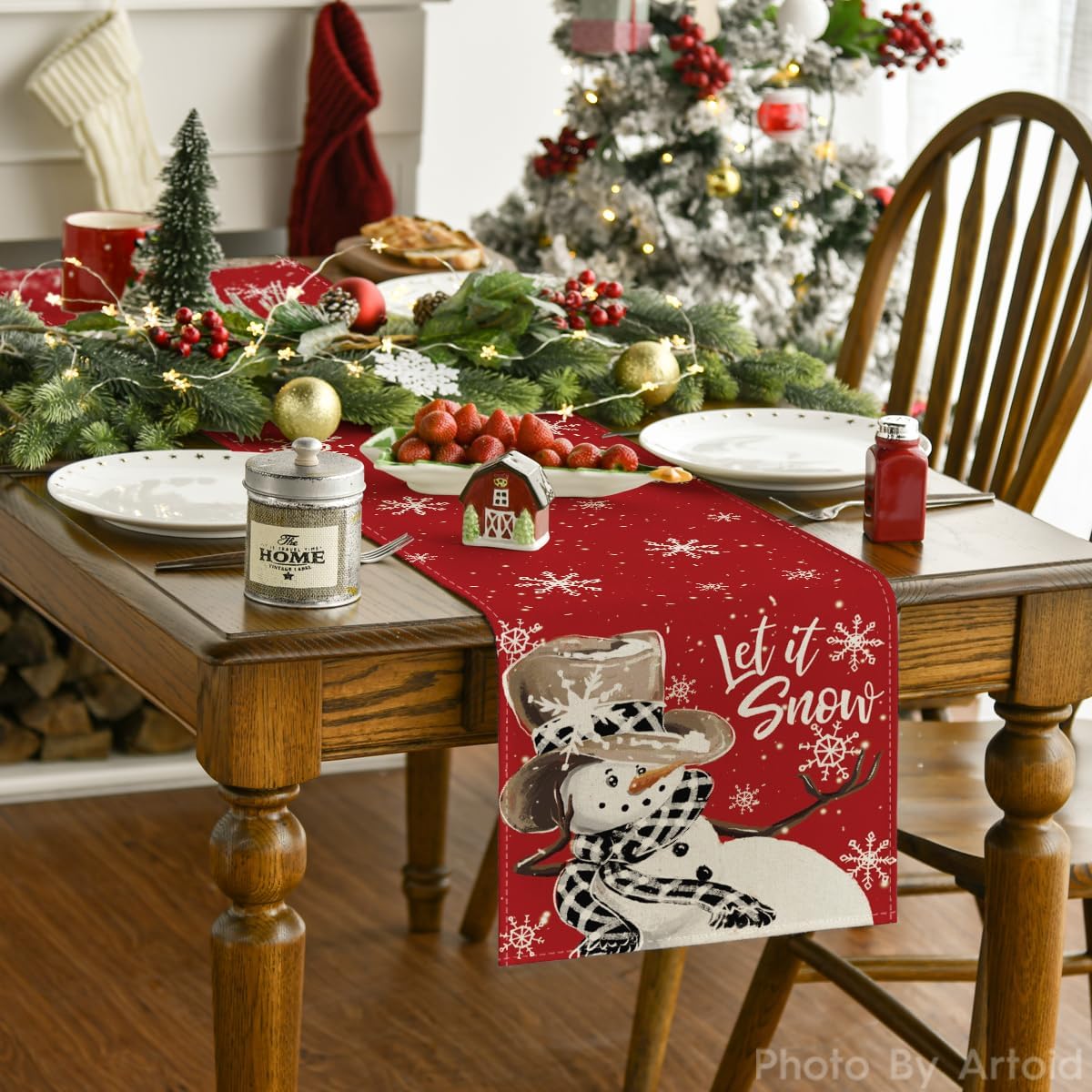 Artoid Mode Red Snowman Snowflake Let it Snow Winter Table Runner, Seasonal Christmas Kitchen