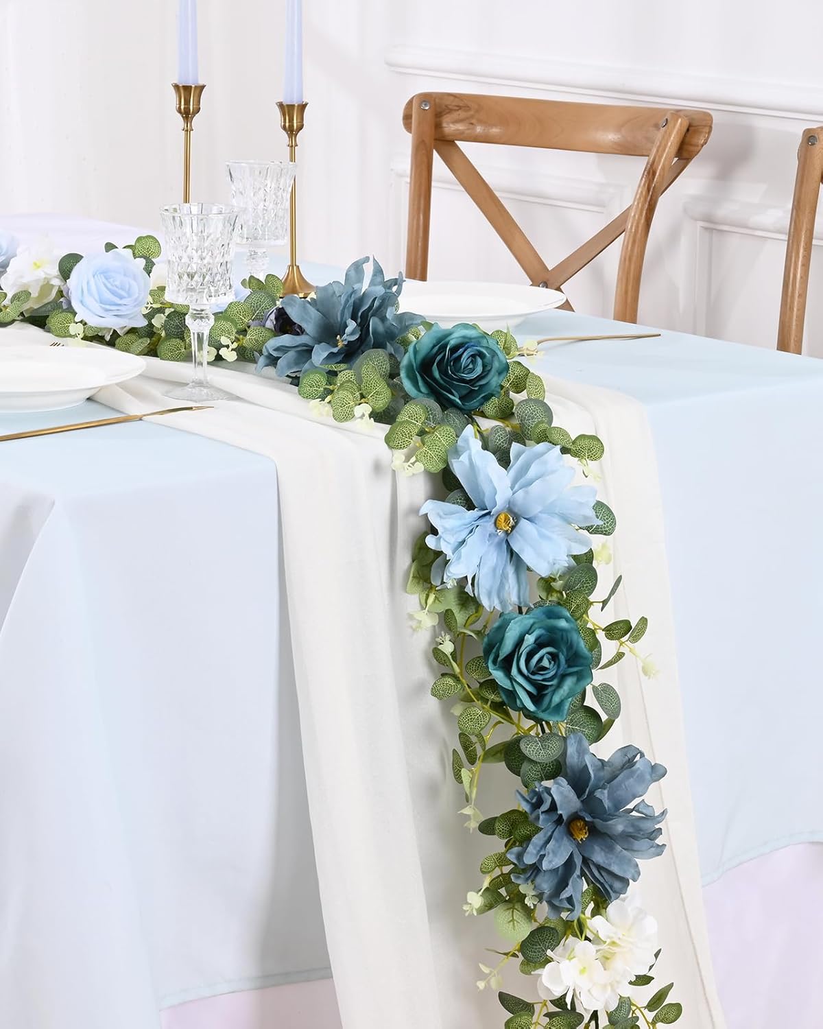 Waipfaru 6.07Ft Artificial Eucalyptus Garland With Flowers - Wedding Table Decorations, Floral Rose
