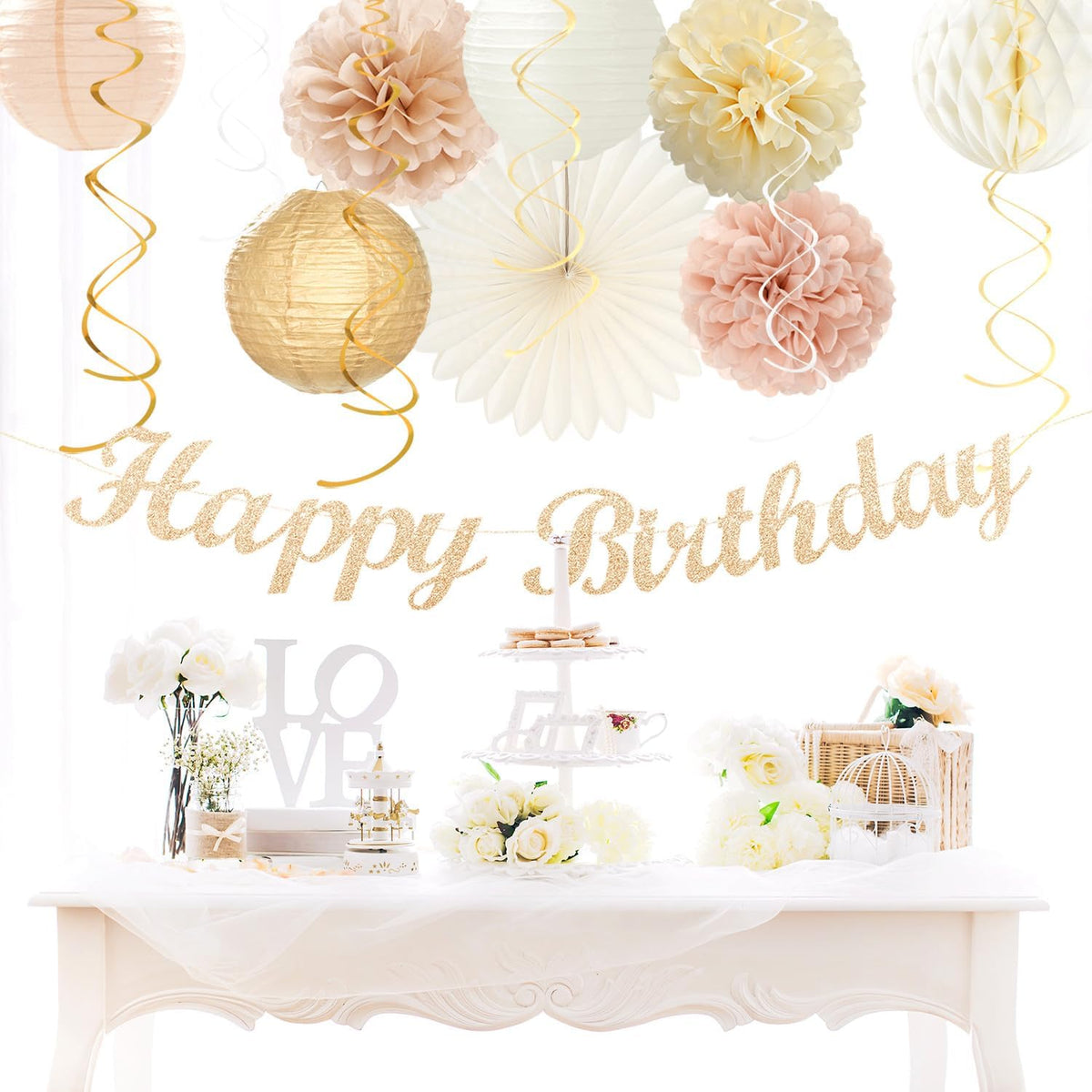 Champagne-Gold Beige Fall Boho Birthday Party-Decorations - 21pcs Autumn Neutral Retro Happy