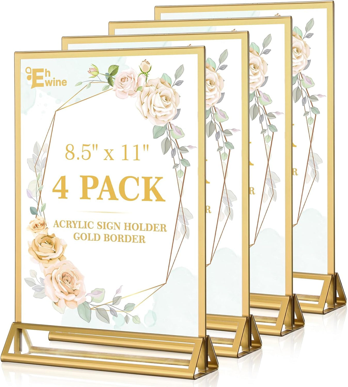 EHWINE 4 Pack Acrylic Sign Holder 8.5 x 11, Double Sided Gold Picture Frame Stand up Table Top Sign