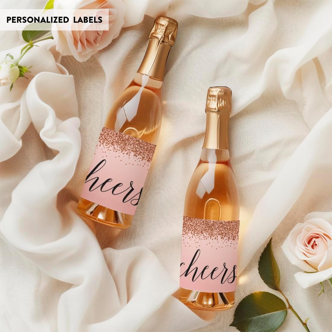 Andaz Press Mini Champagne Wine Bottle Labels, Cheers!, Blush Pink Faux Rose Gold Glitter Elegant