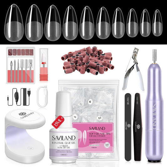SAVILAND Almond Gel Nail Kit - Nail Drill with U V Lamp for Nails 500PCS Almond Nail Tips Gel Nail