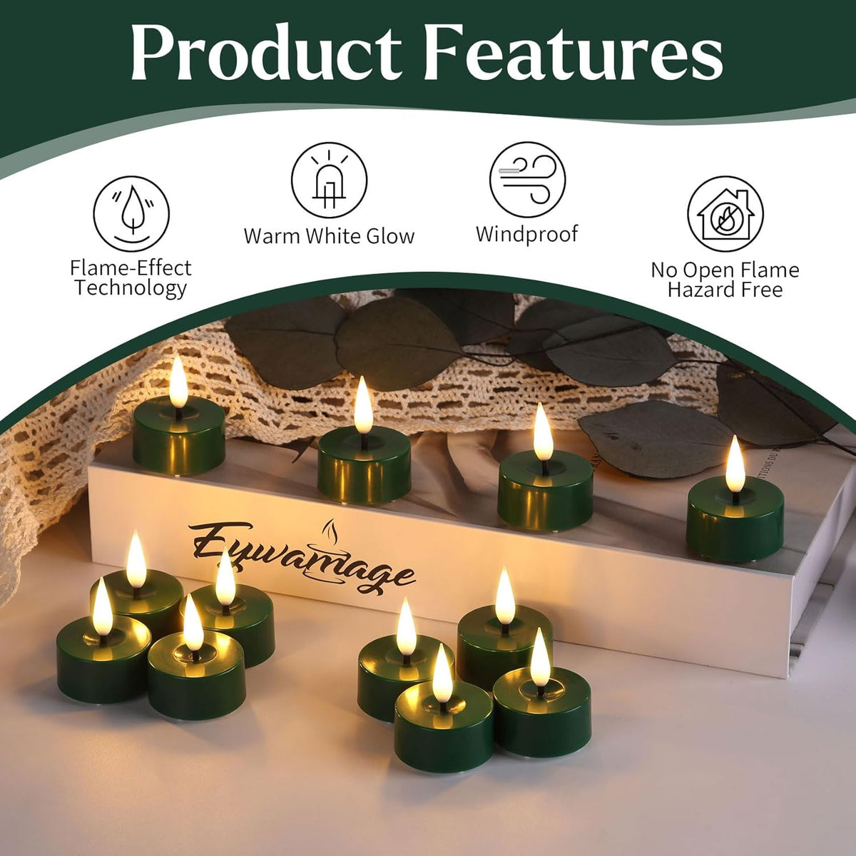Eywamage Green LED Tealights with Remote Batteries, Flickering Flameless Tea Lights Votive Candles