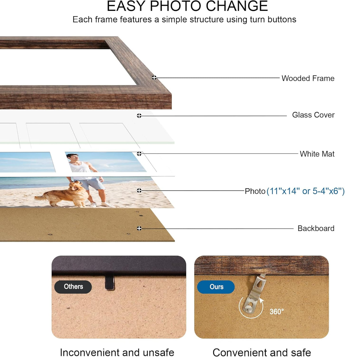 11x14 Picture Frame Set of 2, Rustic Brown Wood Frame with Real Glass Collage Picture Frames