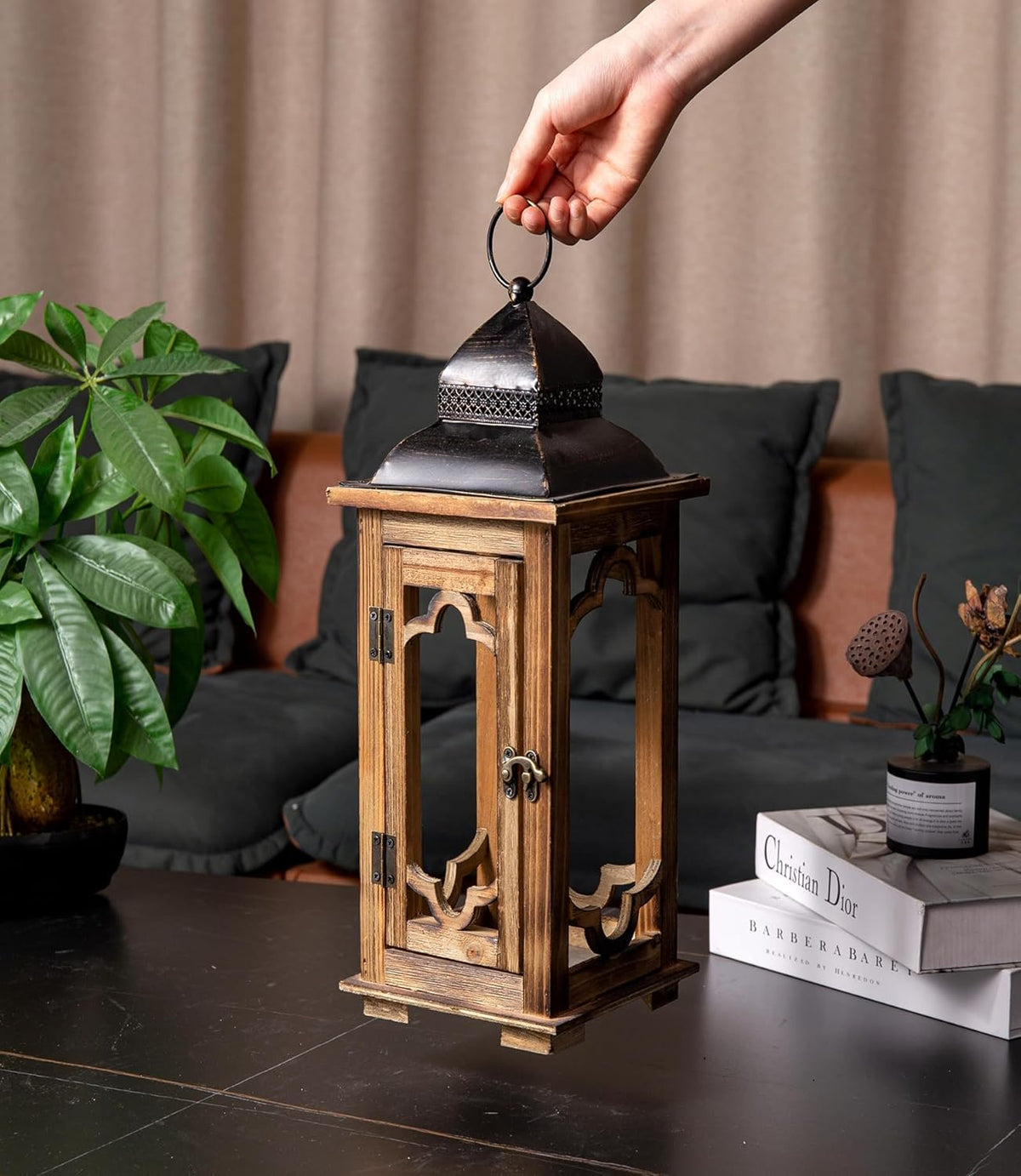 Large Farmhouse Decorative Wooden Lantern Set of 2, Rustic Brown Floor Lanterns, Indoor/Outdoor