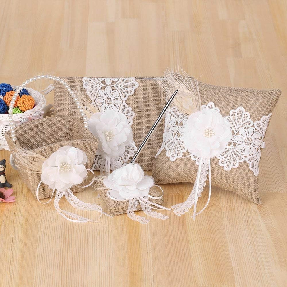 Fbest 4pcs/Set Vintage Rustic Burlap Wedding Supplies Flower Girl Basket + Ring Bearer Pillow +