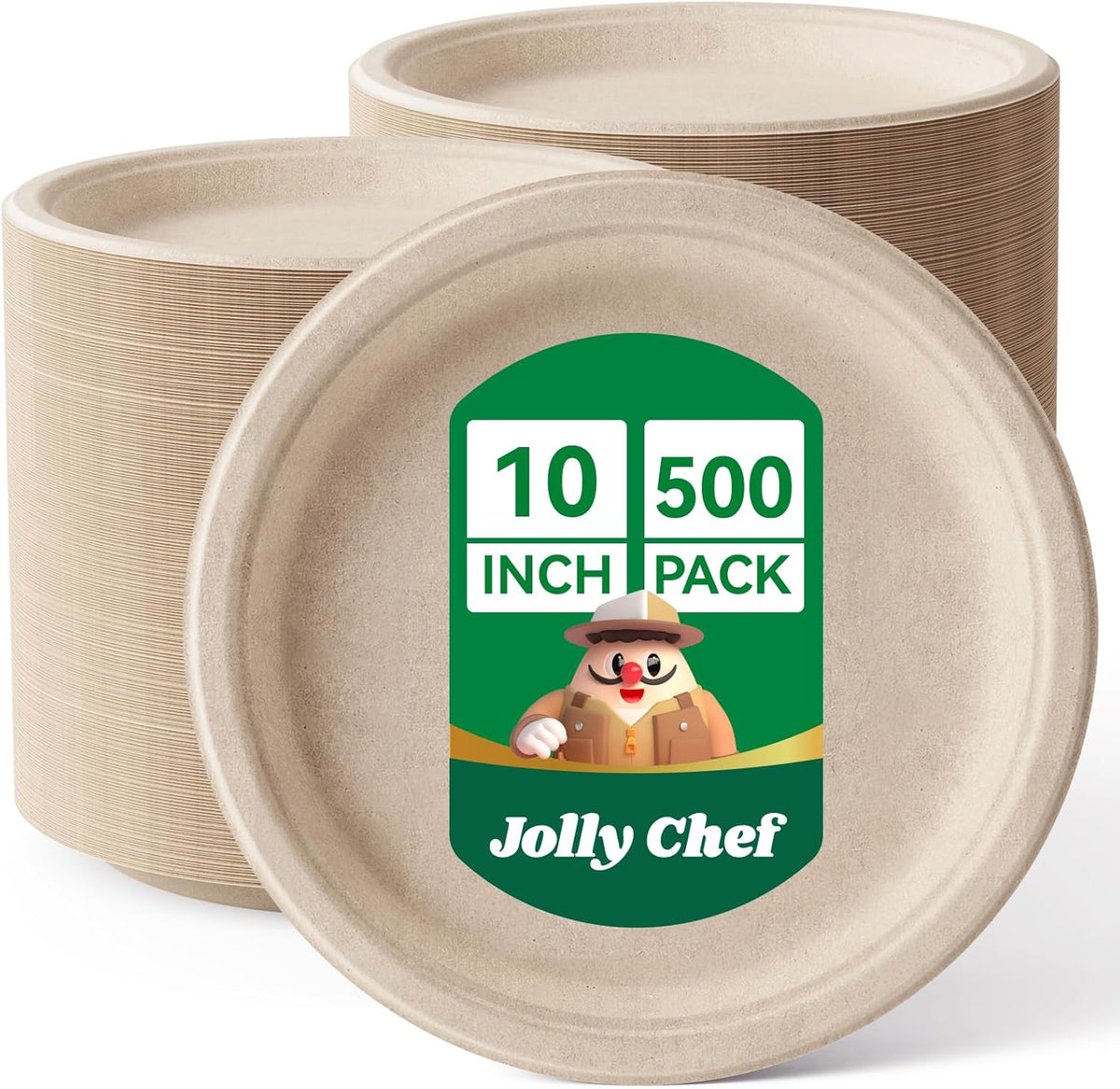 JOLLY CHEF Compostable Heavy Duty Plates 𝟭𝟬 𝗜𝗻𝗰𝗵 [𝟱𝟬𝟬 𝗣𝗮𝗰𝗸] Eco-Friendly Disposable