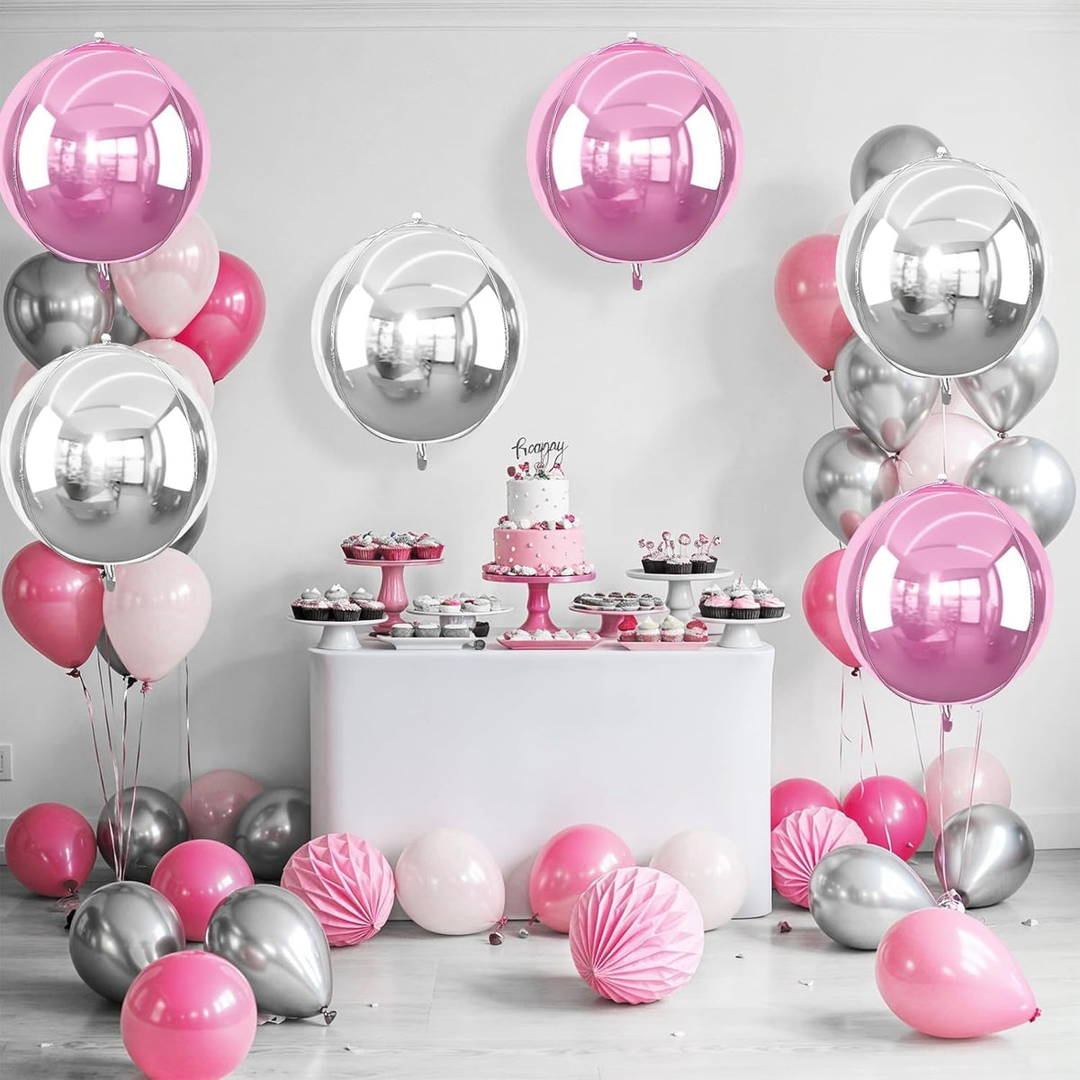 6Pcs Pink Silver Round Foil Balloons, 22inch 4D Metallic Silver Pink Balloons, Large Round Foil