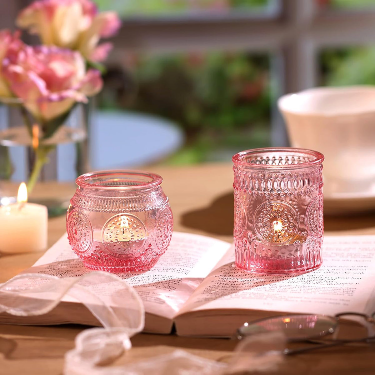 DARJEN 24Pcs Pink Votive Candle Holders- Glass Candle Holders Bulk for Flameless LED Tea Waxes