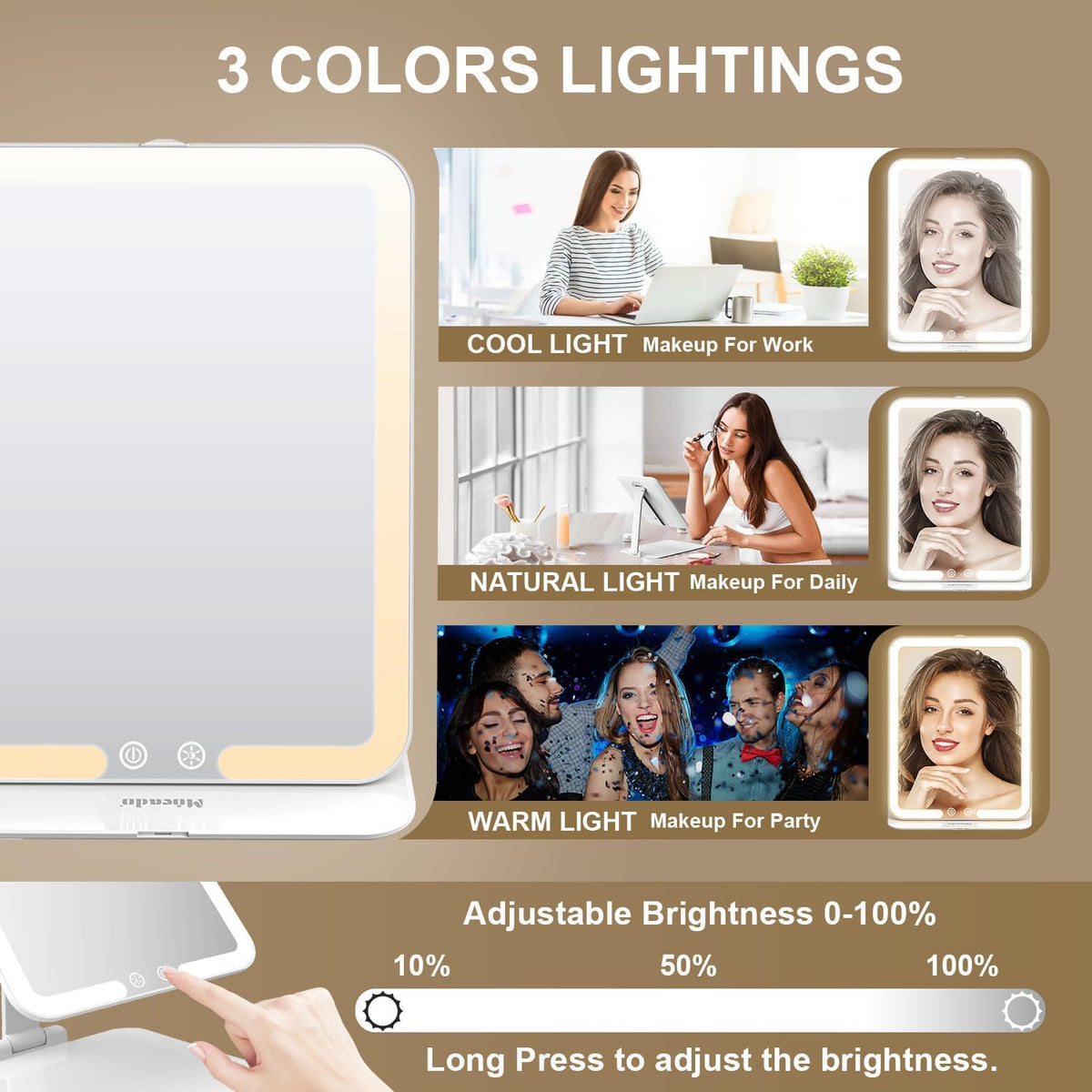 Mocado Travel Makeup Mirror with Light - 7x5 Inches Tripple Folding Travel Mirror with Light, 3