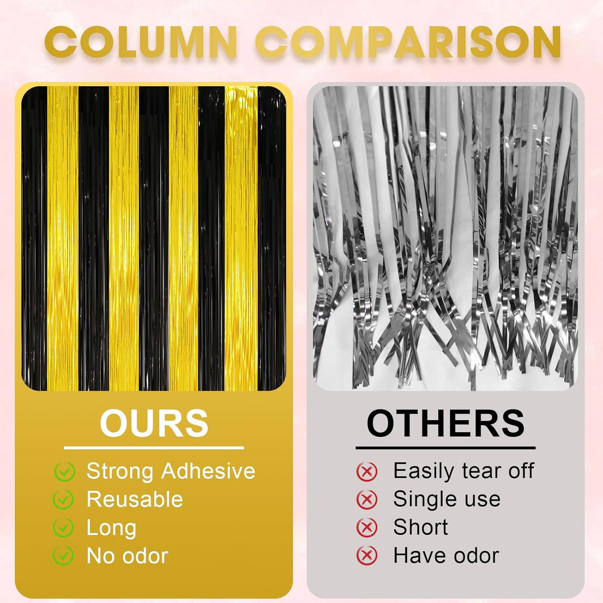 2 Pack Black and Gold Tinsel Foil Fringe Curtains, Black and Gold Party Decorations, Metallic