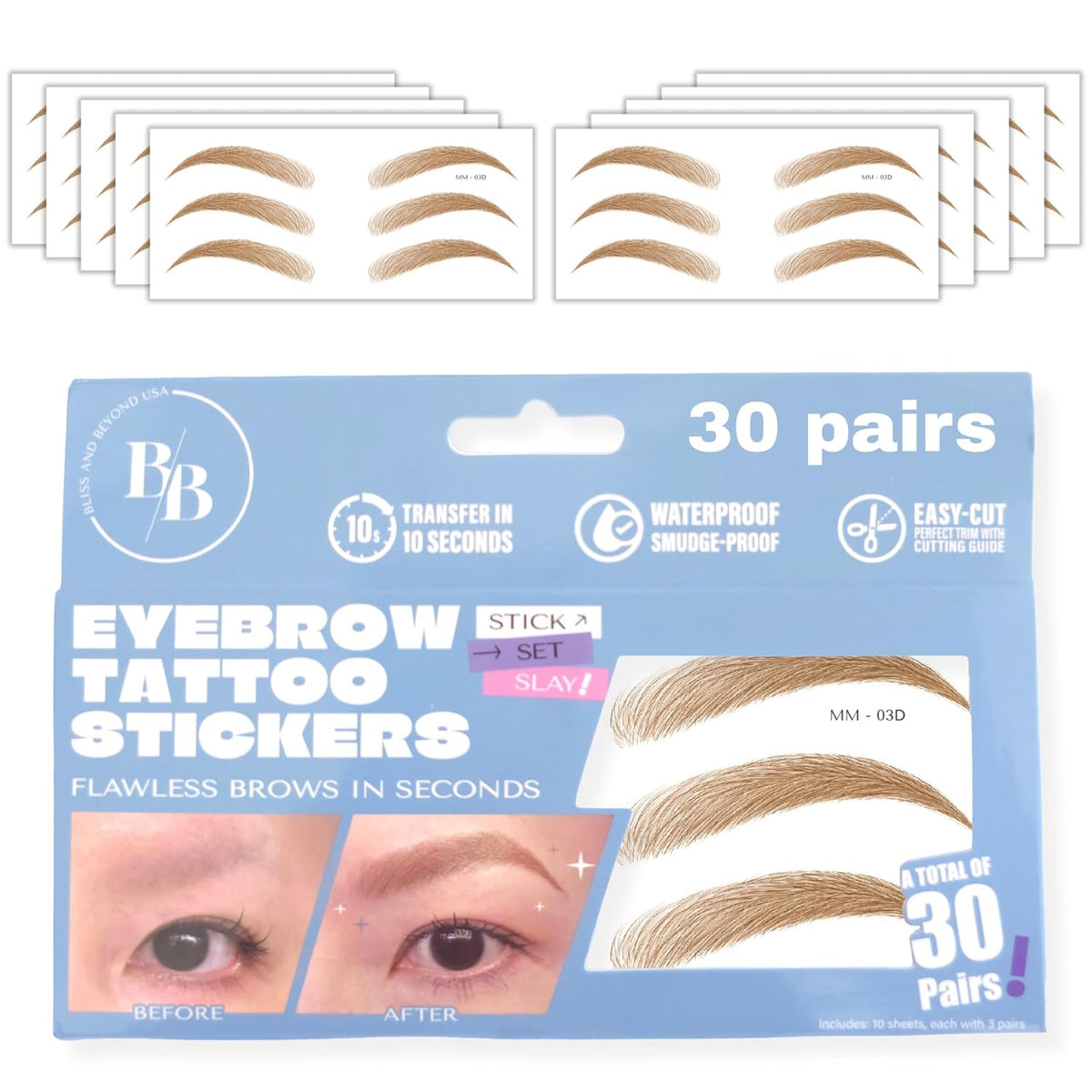 Bliss and Beyond USA Eyebrow Tattoo Stickers Waterproof – 30-Pair Deluxe Box | Realistic Hair-Like