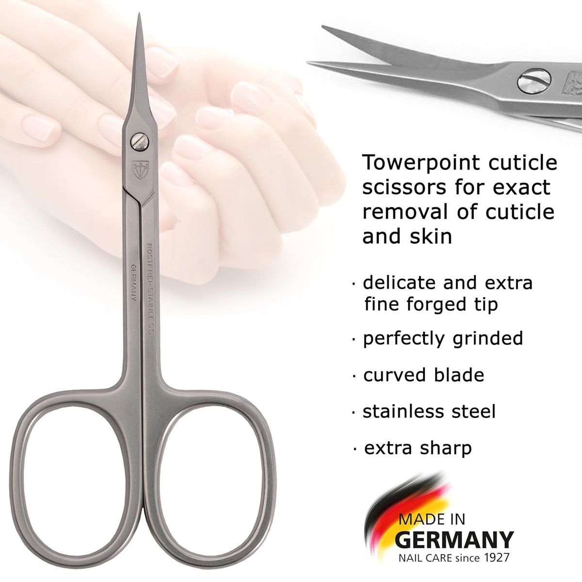 3 Swords Germany - brand quality STAINLESS STEEL INOX CURVED CUTICLE TOWERPOINT SCISSORS (1 PIECE)