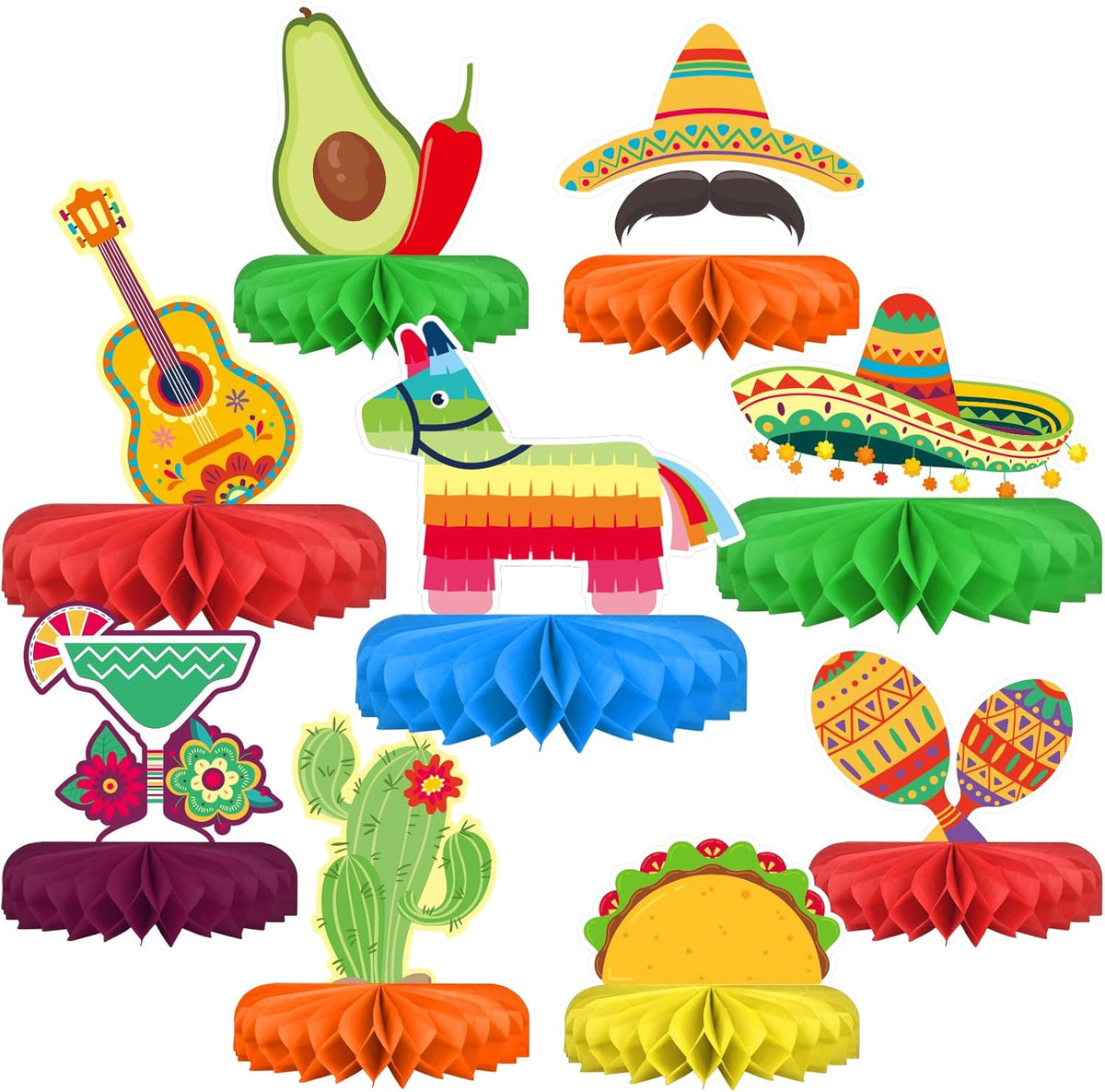 Fiesta Party Decorations - Authentic Mexican Themed Honeycomb Centerpiece for Cinco De Mayo, Taco