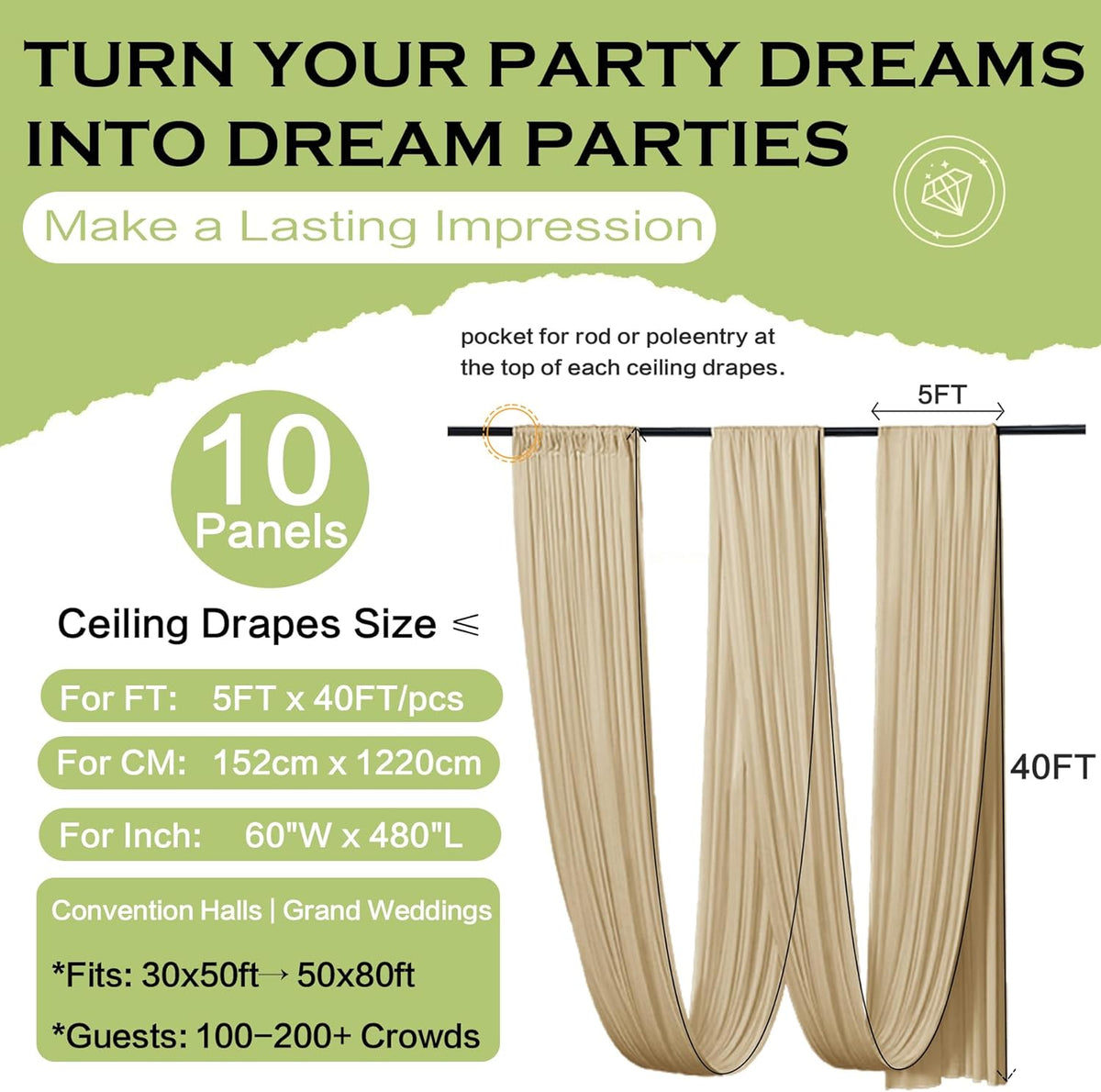 PartyVillage 50ftx40ft Beige Ceiling Curtain for Wedding Parties – 10 Panels Wrinkle-Free 40 FT