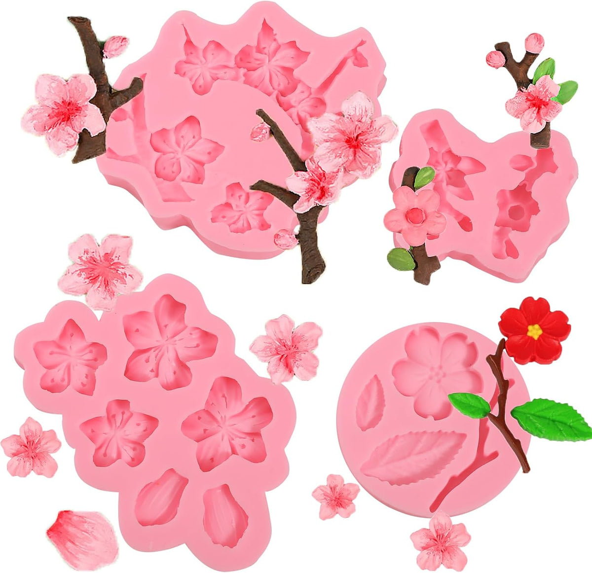 4 Pcs Plum Blossom Fondant Molds, Flower Chocolate Silicone Mold, for Wedding Cake Decoration