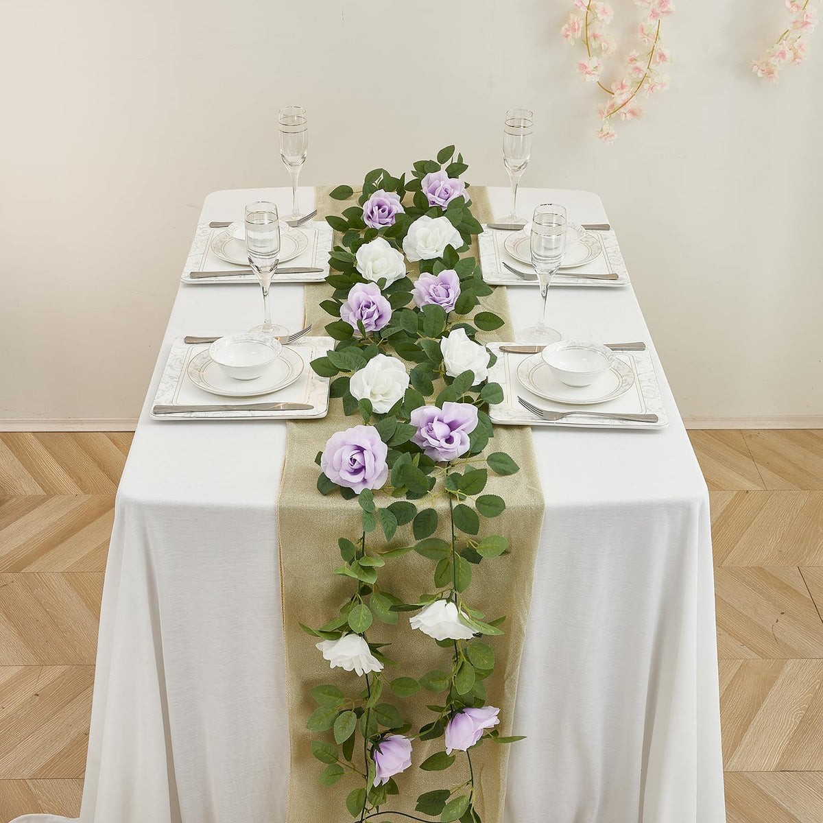 Lavender Artificial Rose Garlands Rose Vines Leaves Banners Hanging Floral Garland Fake Rose Flower