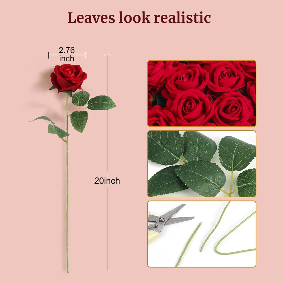 60Pcs Red Roses Artificial Flowers, Velvet Silk Faux Roses, Realistic Red Flowers for Wedding