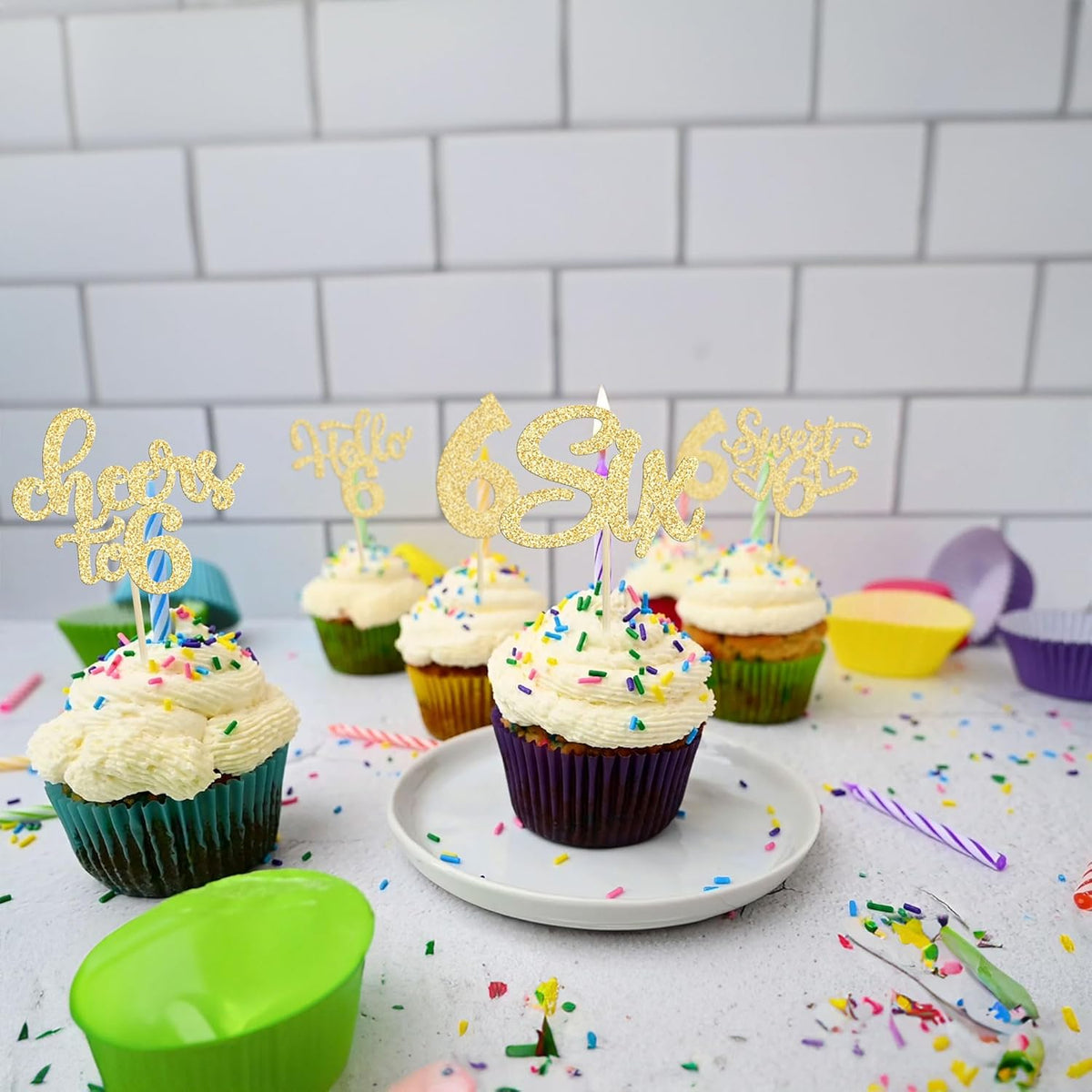 30Pcs 6th Birthday Cupcake Toppers Glitter Six Hello 6 Cupcake Picks Cheers to 6 Years Old Cake
