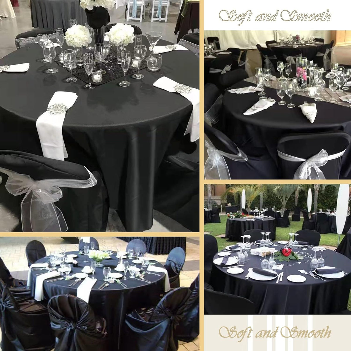fani 12 Pack 108 Inch Black Satin Tablecloth - Premium Bright Silky Round Tablecloth Overlay Smooth