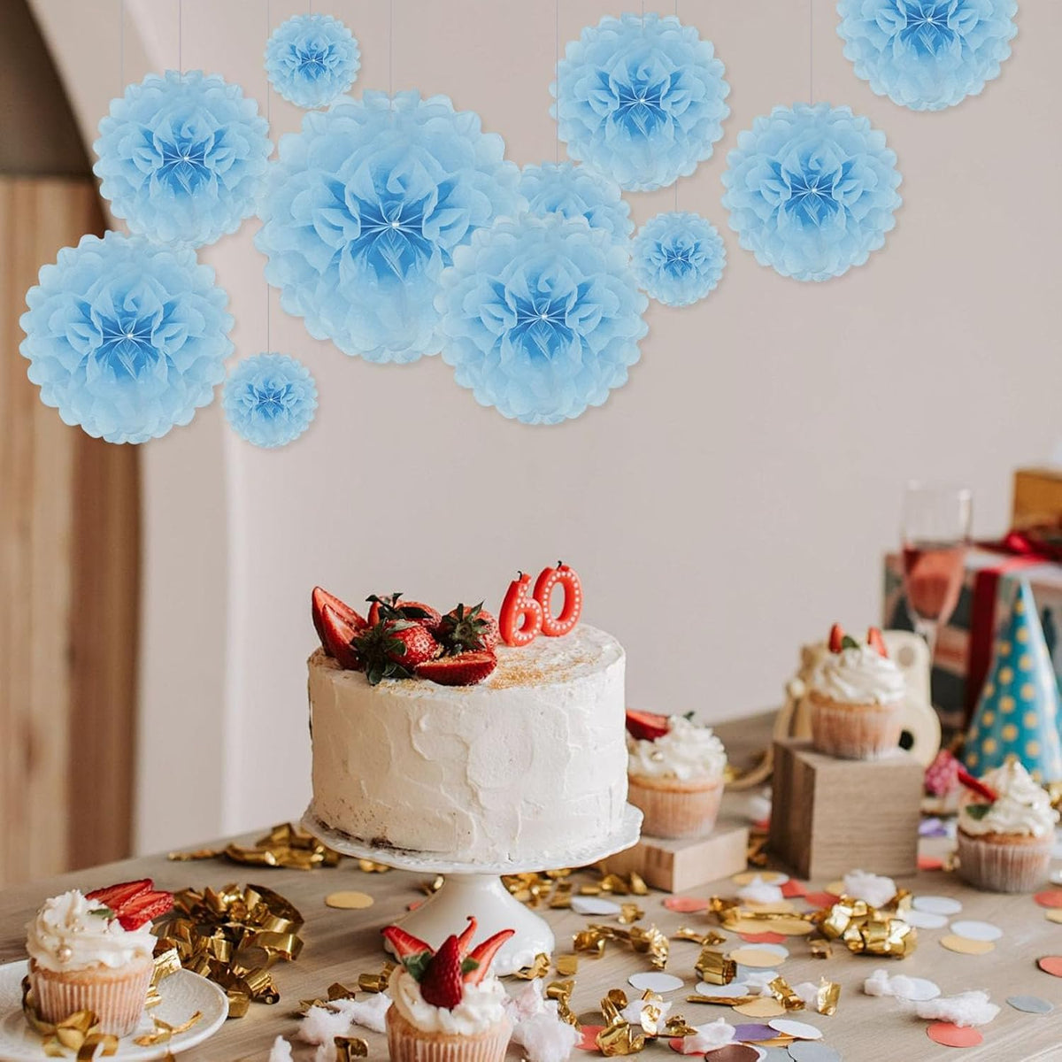Tissue Paper Pom Poms, Baby Blue Tissue Paper Flowers, Hanging Flower Balls for Weddings Fiesta