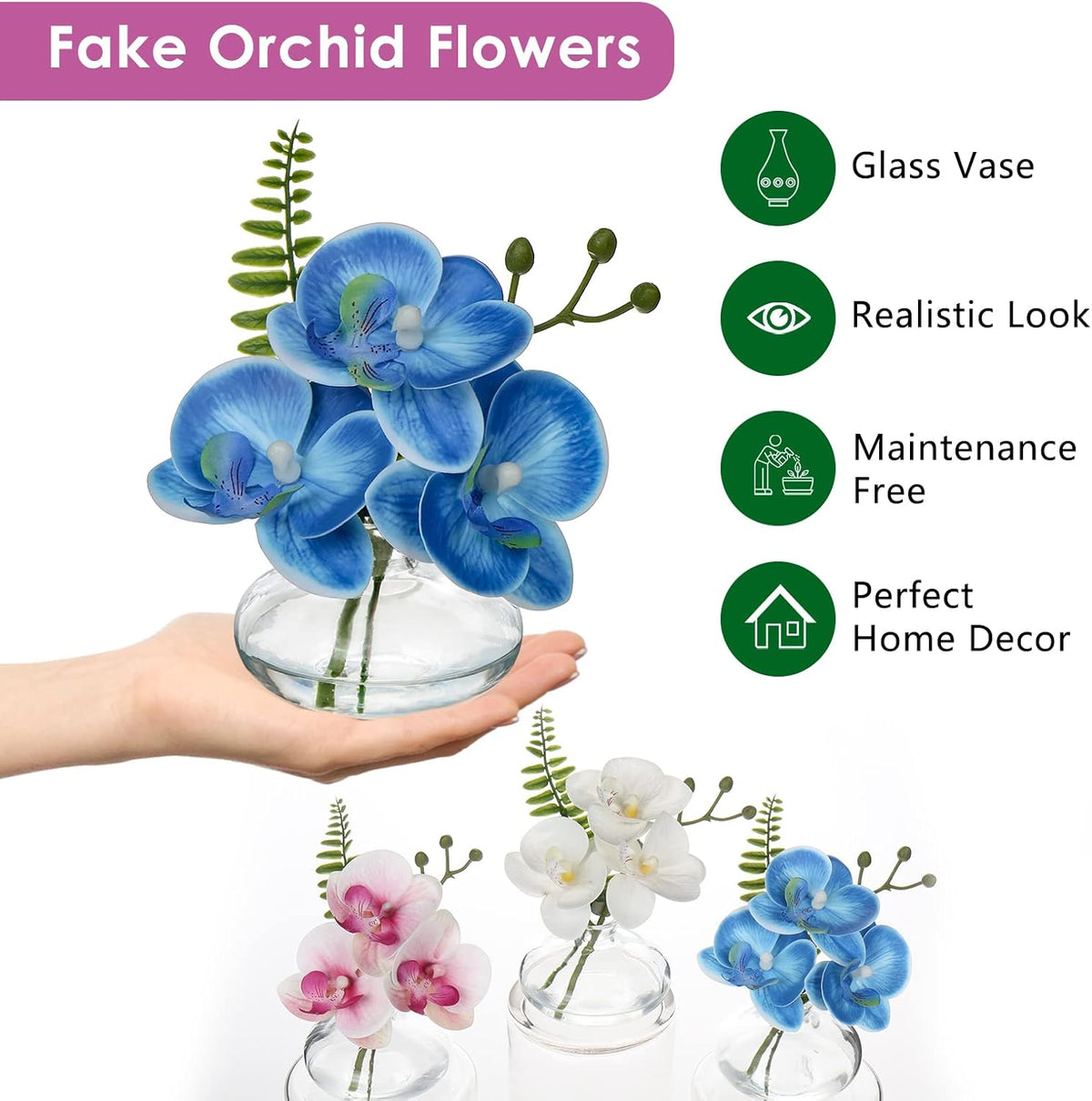 Blue Orchids Artificial Flowers Faux Orchids Arrangement in Clear Glass Vases Set of 3 Real Touch