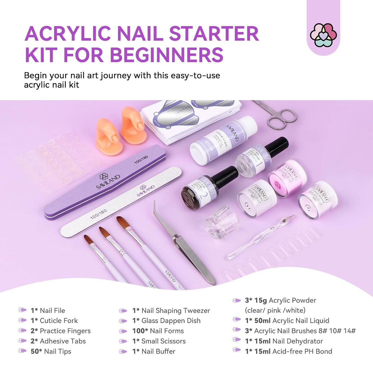 SAVILAND Essentials Acrylic Nail Kit for Beginners: White Pink Clear Acrylic Powder and Liquid Set