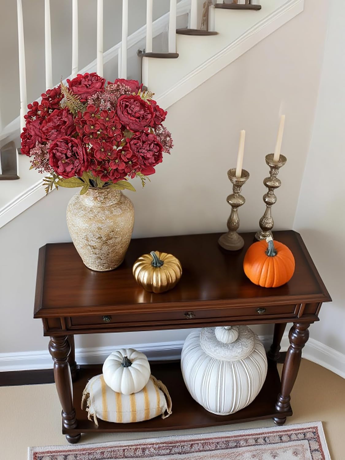 Hollyone 2 Bundles Artificial Fall Flowers Bouquet 18.8" Red Peony Hydrangea Fake Fall Floral Silk