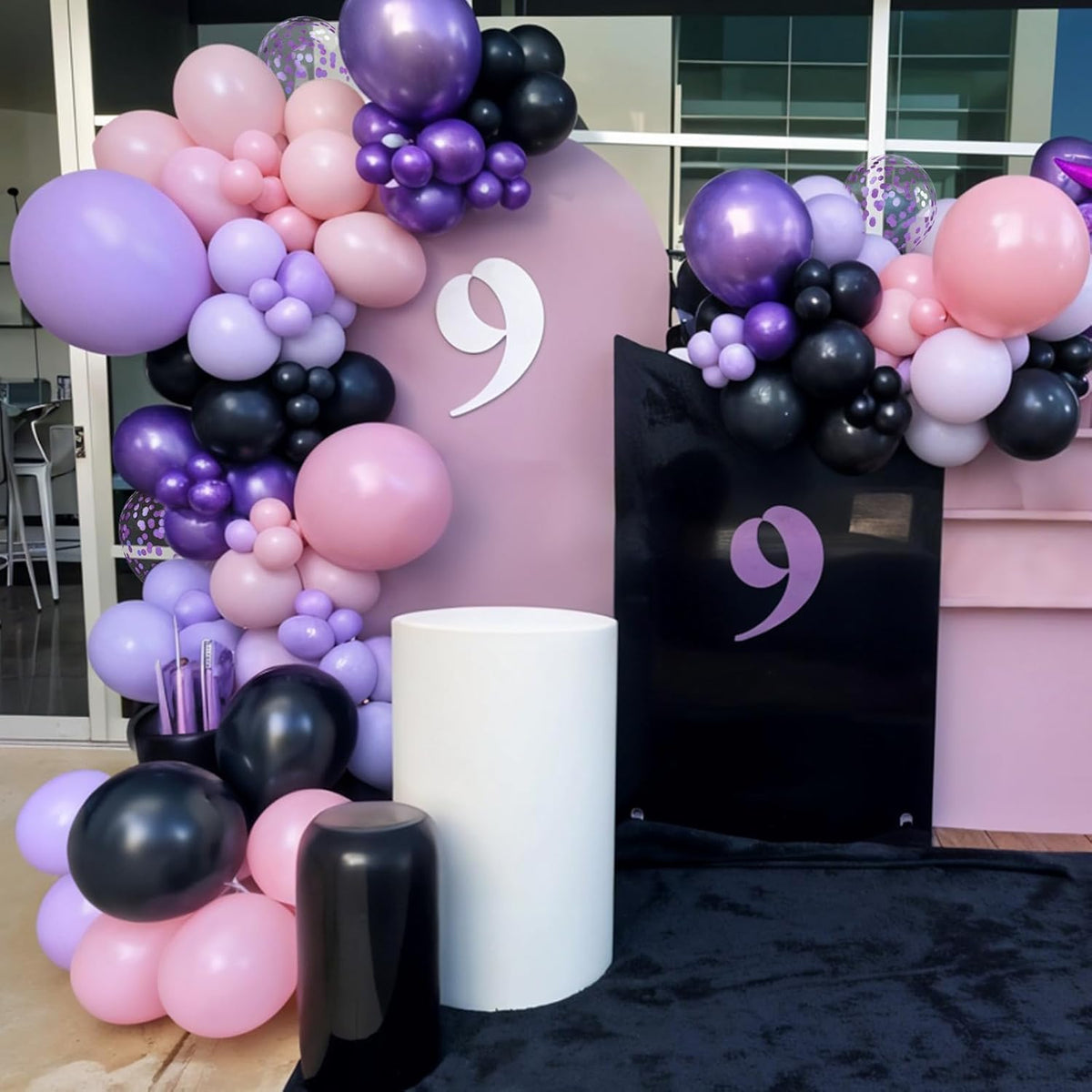 Purple Pink Black Balloons, 12 Inch Pink Black Macaron Dark Metallic Purple Confetti Balloons for