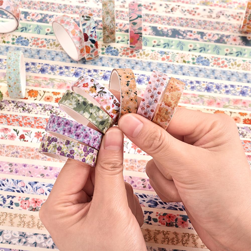 60 Rolls Flowers Theme Washi Tape Set with Different Colorful Patterns, Writable Decorative Tapes