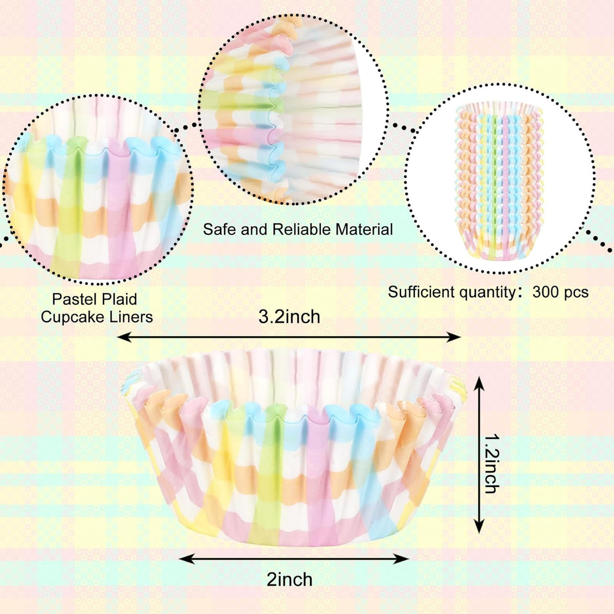 Whaline 300Pcs Pastel Plaid Paper Baking Cups Colorful Checkered Cupcake Liners Muffin Liner Cake