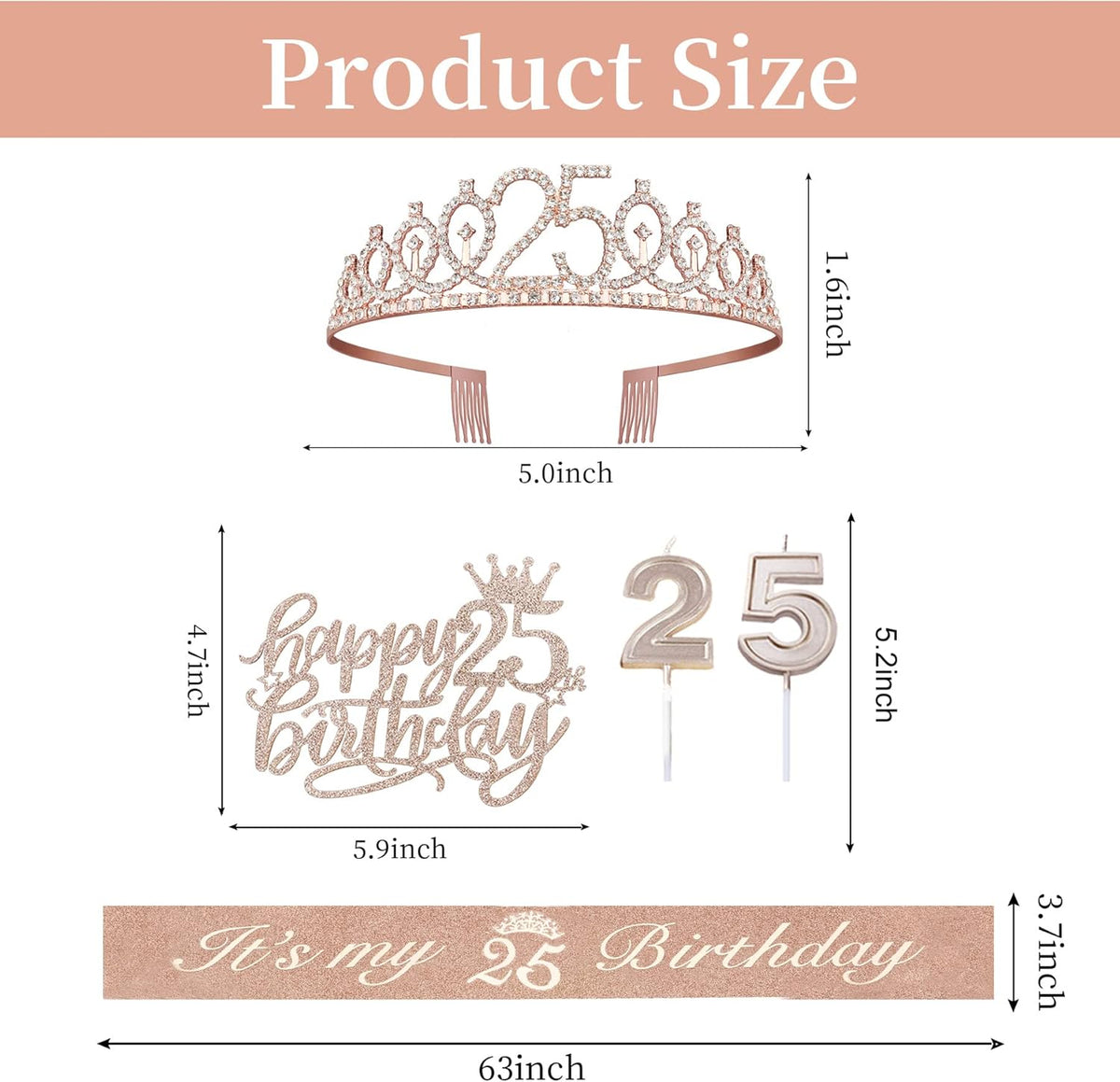 25th Birthday Decorations for Women Including Sash, Tiara/Crown, Numeral Candles and Cake Topper