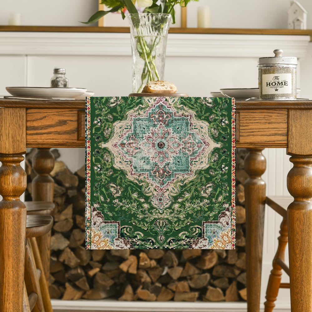 Artoid Mode Boho Bohemia Style Green Table Runner, Country Rustic Farmhouse Magical Christmas